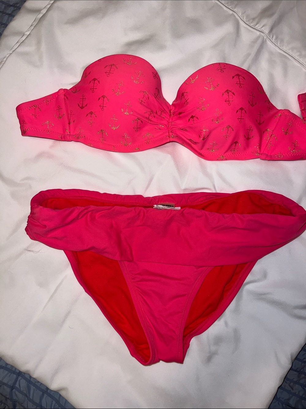 Hot Pink Anchor Print Strapless Bikini Set